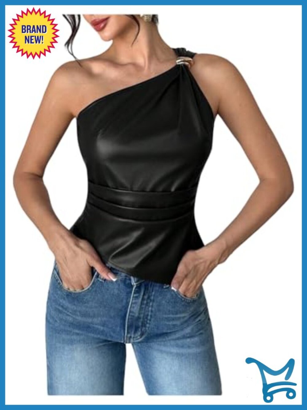 Faux Leather One Shoulder Asymmetrical Ruched Tank Top Sleeveless Party